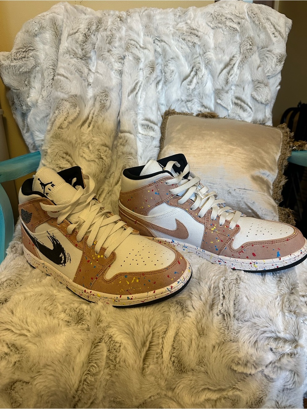 Jordan High-Top Sneakers in White, Black & Tan with Pink Accent